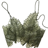 Voguable Women Tank Top Green Transparent Outfit Camisole Sexy Embroidered Tanks Organza Leaves Sexy Crop Top