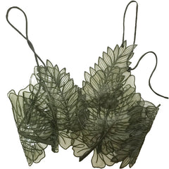 Voguable Women Tank Top Green Transparent Outfit Camisole Sexy Embroidered Tanks Organza Leaves Sexy Crop Top