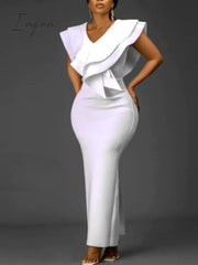 Ingvn - Women White Long Dress V Neck Ruffles Sexy Party Celebrate Bodycon Event Occasion Vestidos Female Robes Night Date Out Clubwear