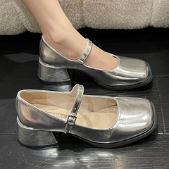 Rimocy Silver Thick Heels Mary Jane Shoes Women Buckle Strap Square Toe Pumps Woman Med Heele Patent Leather Shoes Female