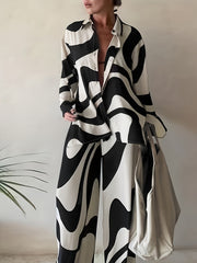 Long Sleeve Plus Size Two-piece Set, Geometric Print Buttons Shirts & Wide Leg Pants Outfits, Women's Clothing