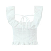 Women Hollow Out Embroidery White Tank Top Lace Trim Flying Sleeve Female Summer Crop Top Holiday