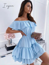 Ingvn - Women Clothes Slash Neck Cascading Ruffle Shirring Dresses Solid Color Midi Sweet Princess Dress Fashion Elegant Pleated Design