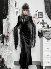 Dark Gothic Vintage Velvet Dress Women Aesthetic Fairycore Grunge Elegant Lace Patchwork Flare Sleeve Party Dress Female