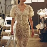 Ingvn - Summer Midi Long Dress For Women Celebrity Flower Embroidery Lace Robe Long Beaded Chain Diamond Chiffon Dresses