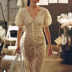 Ingvn - Summer Midi Long Dress For Women Celebrity Flower Embroidery Lace Robe Long Beaded Chain Diamond Chiffon Dresses