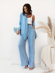Two-Piece Chic Pantsuit Set - Women's Solid Casual Outfit with Button Front Turn Down Collar Shirt and High Waist Wide Leg Pants - Comfortable and Elegant Clothing for Everyday Wear