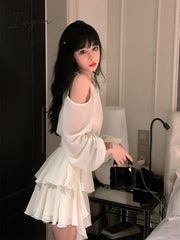 Ingvn - Autumn Fairy Pure Color Short Party Dress Korean Fashion Elegant Mini Dress Woman Design Casual Long Sleeve Dress Female