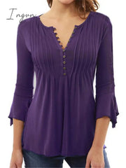 Ingvn - Pleated V-neck Flared Sleeve Plain Color Blouse For Women