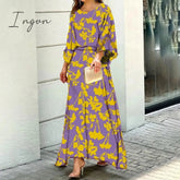 Ingvn - Women Two Piece Set Crew Neck Print Long Lantern Sleeve Top Elegant Dress High Streetwear Casual Beach Suit