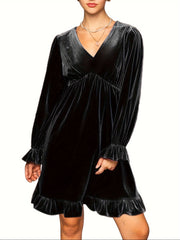 V Neck Velvet Dress For Women Long Sleeve Ruffle Midi Dress Wedding Party Dress With Pockets