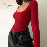 Ingvn - Crop Top Streetwear Long Sleeve Women Basic Cropped Skinny Casual Autumn Winter Sexy Ruched T Shirts Ins Red Tops
