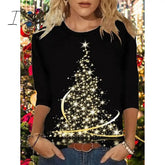 Ingvn - Women's Shirt Dark Green Peacock Blue Brick red Christmas Tree Print Long Sleeve Christmas Holiday Casual Round Neck Regular Floral S
