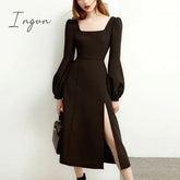 Ingvn - Black Retro Split Dress Women Elegant Midi Designer Dress Female Long Sleeve Hepburn Style Chiffon Vintage Dress Fall Women