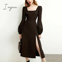 Ingvn - Black Retro Split Dress Women Elegant Midi Designer Dress Female Long Sleeve Hepburn Style Chiffon Vintage Dress Fall Women
