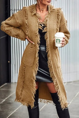 Ingvn - Casual Solid Tassel Patchwork Pocket Cardigan Collar Outerwear