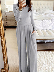 Chic Solid Two-Piece Set - Soft Knit Crew Neck Top & High Waist Wide Leg Pants - Comfortable Casual Outfit for Women