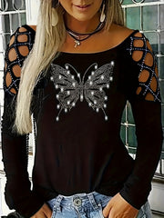 Plus Size Glittery Butterfly Chic Long Sleeve T-shirt - Sparkling Hollow Out Design, Round Neck, Slight Stretch, Comfortable Fit - Y2K Inspired Fashion for Women