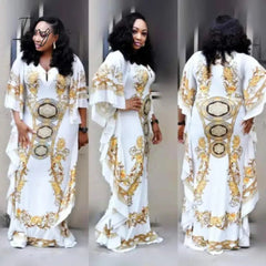 Ingvn - Lotus Leaf Digital Print Maxi Dress Spring and summer retro style African ladies loose V-neck dress
