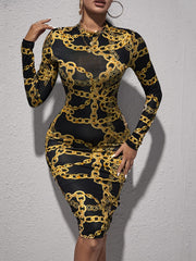 Chic Chain Print Bodycon Dress - Long Sleeve, Flattering Knee Length - Fashionable Casual Wear for Women