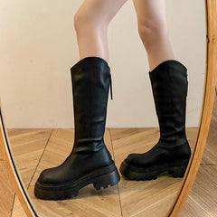 Ingvn Vintage Platform Women Knee High Boots Fashion Back Zippers Shoes Autumn Winter Thick Heel Ladies Knight Long Booties