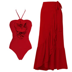 Red Flower One Piece Swimwear With Cover Up Trend Swimsuit 2025 Sexy Biquini Luxury Woman Swimsuit Beach Outing Bodysuit Bathsui