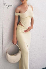 Ingvn - Sexy Simplicity Solid Asymmetrical Oblique Collar Two Pieces