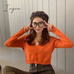 Ingvn - Spring Newly Green Cropped Cardigans Women Loose Ladies Short Knitted Sweaters Long Sleeve V neck Solid Chic Streetwear