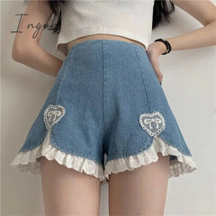 Ingvn - Summer Outfits Trends Cute Lolita Girls Denim Shorts Japanese Sweet High Waist Lace Irregular Women's Shorts S-4XL Summer Kawaii Sexy Blue Shorts