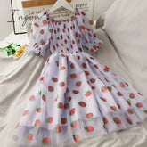 Ingvn - Strawberry Dress Women French Style Lace Chiffon Sweet Dress Casual Puff Sleeve Elegant Printed Kawaii Dress Women New
