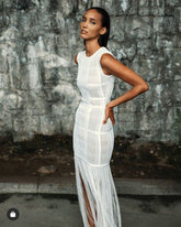 High Quality White Sleeveless Tassel Hollow Out Bodycon Rayon Bandage Dress Evening Party Sexy Dress