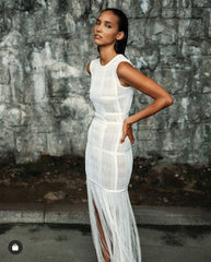 High Quality White Sleeveless Tassel Hollow Out Bodycon Rayon Bandage Dress Evening Party Sexy Dress