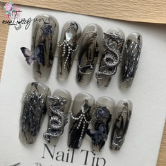 Punk Dragon Charms Press on Nail Artificial Long False Nails XS Black Dragons Goth Presson Tips Butterfly Fake Nail y2k Pressons