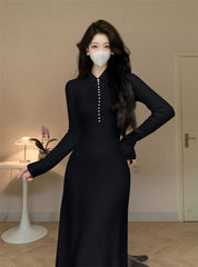 Elegant White Knitted Dresses for Women Autumn Winter Korean Fashion Slim A-line Long Sleeves Sweater Casual Female Clothes