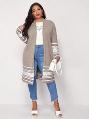 Women's Plus Size Long Casual Colorblock Knit High Stretch Sweater Cardigan