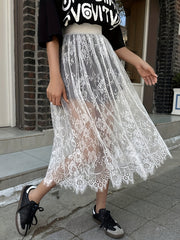 Y2K Lace Semi-Sheer A-Line Skirt, Solid Color Elastic Waist Midi Skirt For Spring & Summer, Women's Clothing