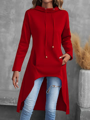 Solid Color Hig-low Hoodie, Casual Long Sleeve Drawstring Hoodie Sweatshirt, Women's Clothing