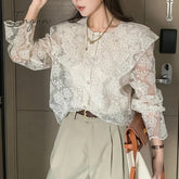 Ingvn - Lace Shirt for Women 2023 Ruffles Long Sleeve Peter Pan Collar Elegant Oversized Blouses Ladies Casual Button Up Top