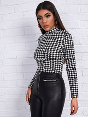 Houndstooth Print Mock Neck T-Shirt, Casual Long Sleeve Slim T-Shirt For Spring & Fall, Women's Clothing