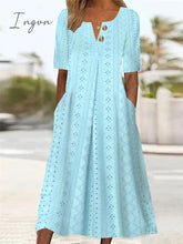 Ingvn - Women's Casual Dress Summer Dress Midi Dress Button Pocket Outdoor Daily Vacation Fashion Modern Split Neck Short Sleeve 2023 Loose Fit Light Blue Color S M L XL XXL Size
