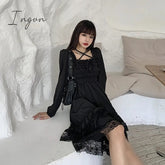 Ingvn - New Gothic Women Black Fairy Party Dress Cross Square Collar Lolita Princess Irregular Dress Cute Kawaii Lace Ruffles Chic Dress