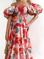 Floral Smocked Puff Sleeve Tiered Dress