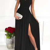 Solid One Shoulder Split Aline Dress, Elegant Ruffle Hem Sleeveless Asymmetrical Dress For Club & Party, Women's Clothing