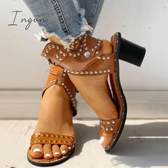 Ingvn - Open Toe Rivet Chunky Heeled Sandals For Women