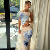Summer Flower Print Skirt 2 Piece Set Women One Shoulder Crop Tops+Stretch Long Skirts Suit Female Vacation Trend Beach Outfits