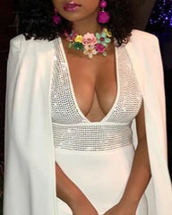 Ingvn - Fashion Rhinestone Plunge Cape Design Bodycon Dress Women Casual Elegant Party Club Slim White Mini Dress Vestidos