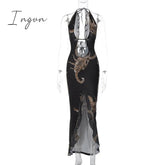 Ingvn - Elegant Halter Backless Print Maxi Dress Women New Fashion Lace-up Sleeveless Bodycon Printed Sexy Party Long Dress