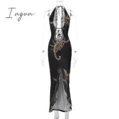 Ingvn - Elegant Halter Backless Print Maxi Dress Women New Fashion Lace-up Sleeveless Bodycon Printed Sexy Party Long Dress