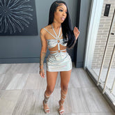 Voguable Solid Sleeveless Bodycon Halter Hollow Out Sexy Mini Dress Summer Women Fashion Streetwear Outfits Y2K