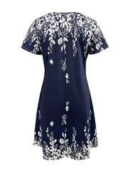Feminine Floral Print Short Sleeve Dress - Stylish Crew Neckline - Lightweight & Breathable for Spring & Summer - Perfect Casual Wear for Women
